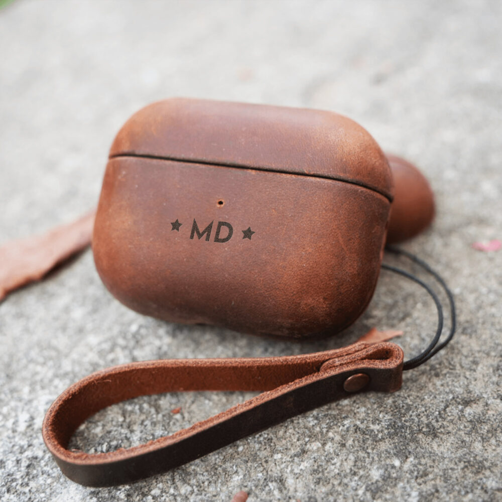 Rugged personalized leather AirPods Pro 2 case. Support engraving text on this AirPods Case.