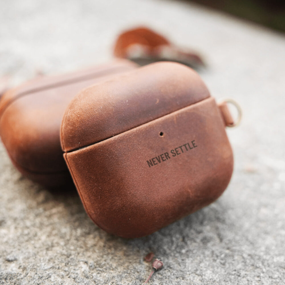 Rugged personalized leather AirPods Pro 2 case. Support engraving text on this AirPods Case.