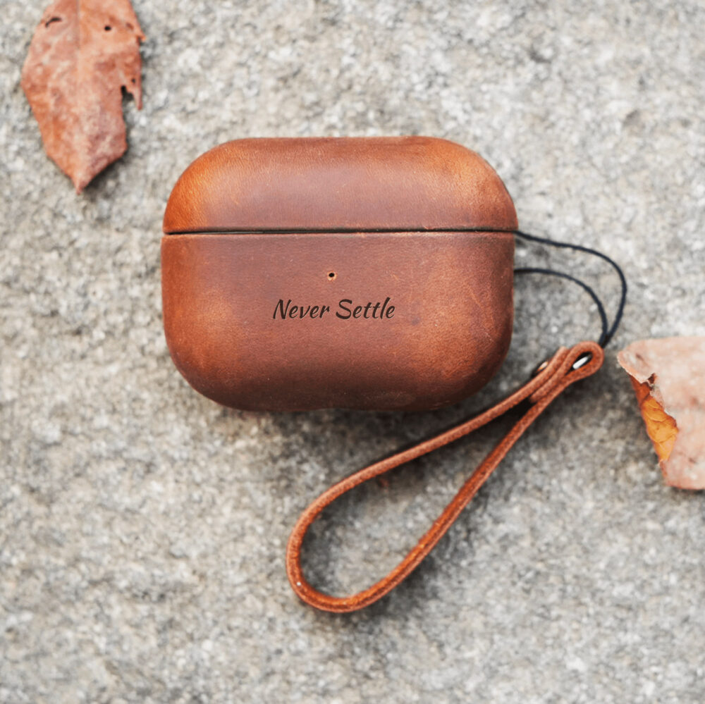 Rugged personalized leather AirPods Pro 2 case. Support engraving text on this AirPods Case.