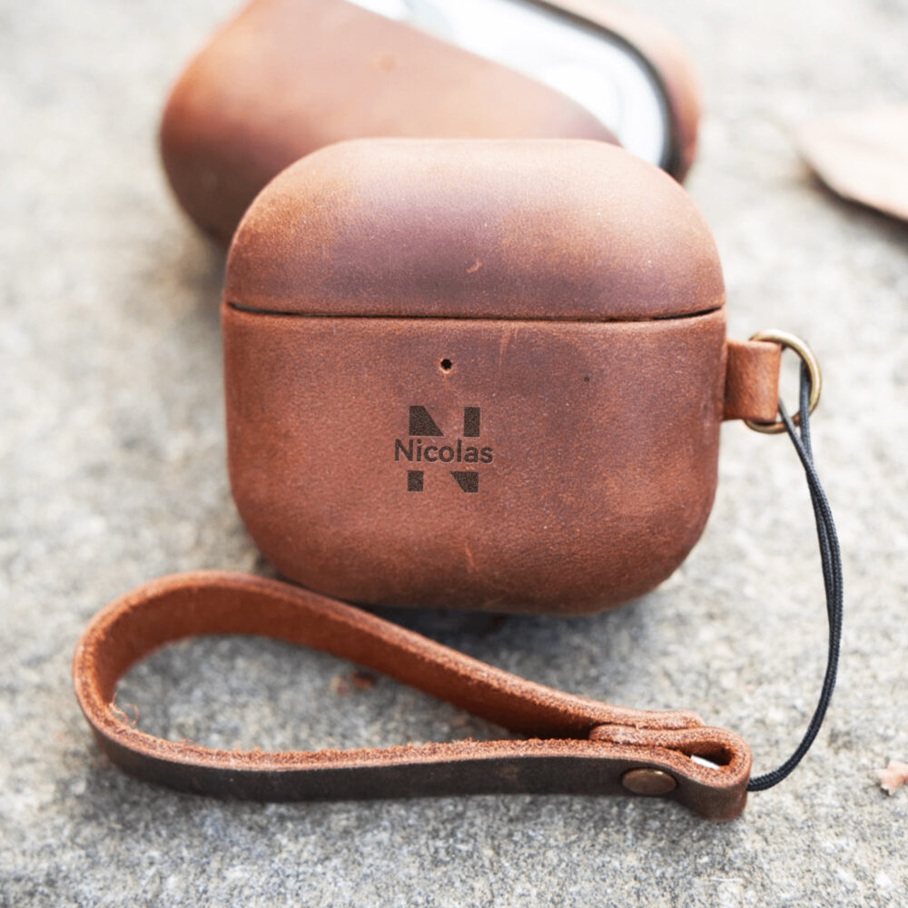 Rugged personalized leather AirPods Pro 2 case. Support engraving text on this AirPods Case.