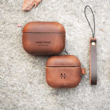 Rugged personalized leather AirPods Pro 2 case. Support engraving text on this AirPods Case.