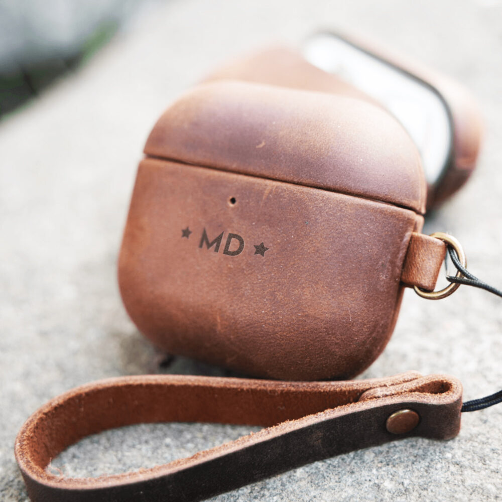 Rugged personalized leather AirPods Pro 2 case. Support engraving text on this AirPods Case.