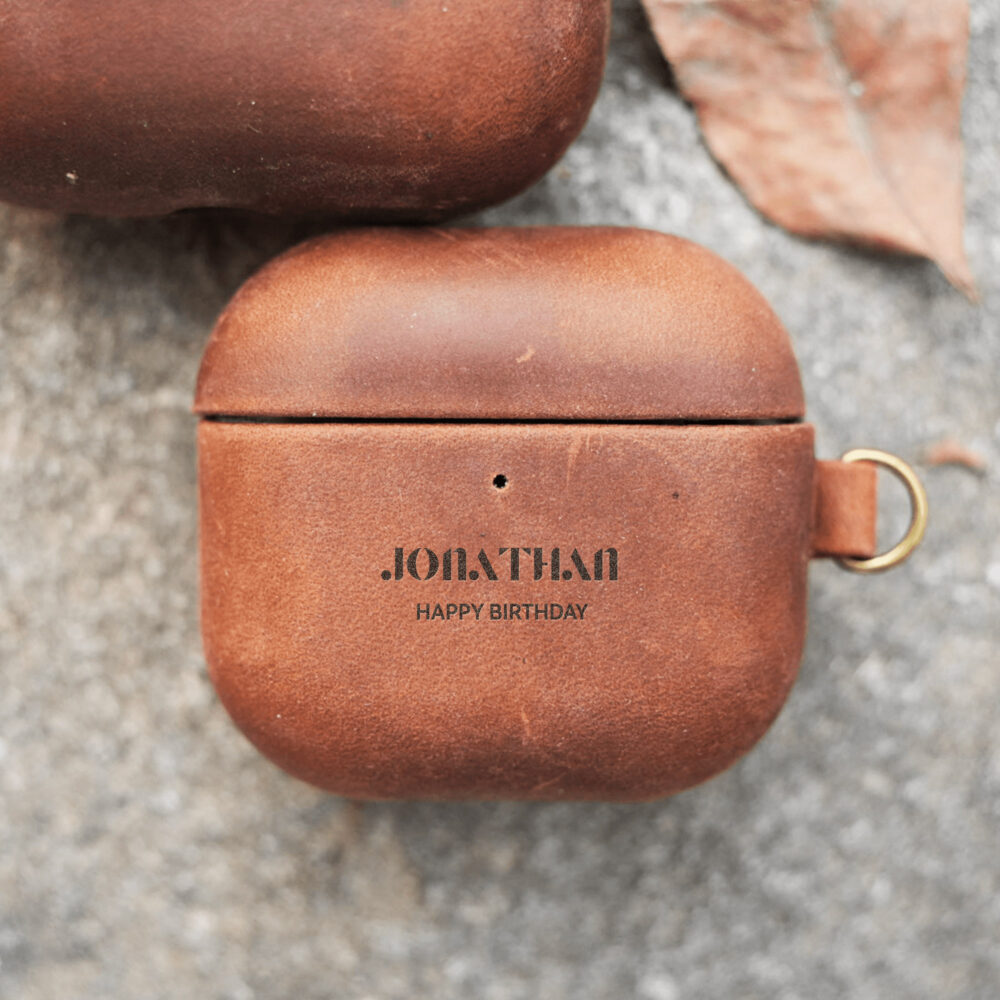 Rugged personalized leather AirPods Pro 2 case. Support engraving text on this AirPods Case.