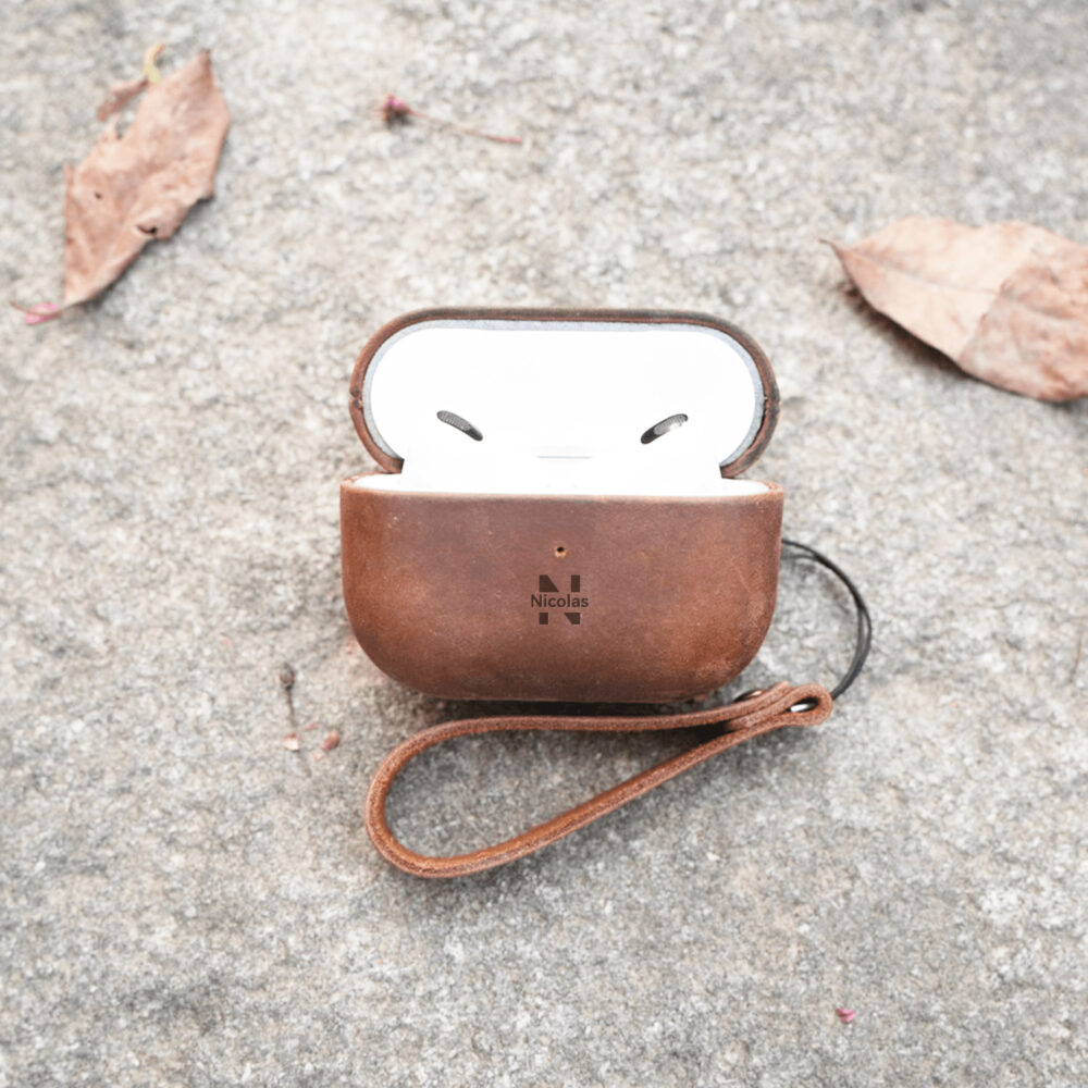 Rugged personalized leather AirPods Pro 2 case. Support engraving text on this AirPods Case.