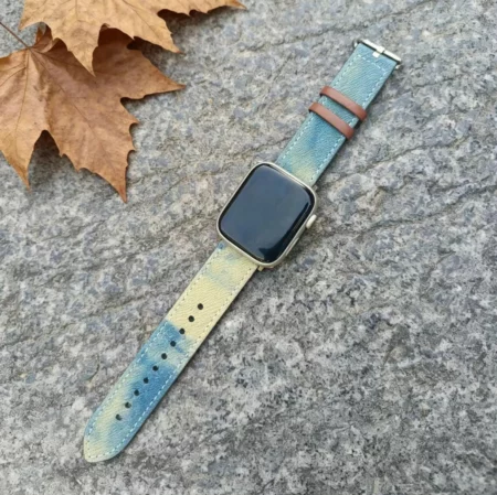 Engraved Casual iWatch Strap, Handmade Tie Dye Denim Watch Band Birthday Gift for Her Him